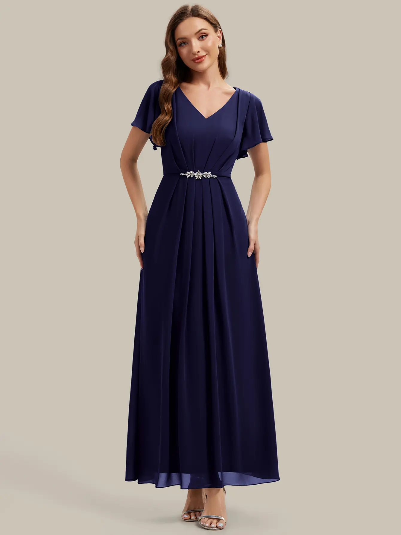 Ever-Pretty Women's 2026 Chic Short Chiffon Wedding Guest Dress - Natural Waist, Rhinestone Details, Ruffle Sleeves, A-Line Silhouette, Split, Low Iron - For Bachelorette Party, Evening Gala - Romance, EG02740