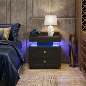 1/2 Pack Modern Floating Nightstand LED Light Charging Station 2 Drawers Gold Handle Round Corner Bedside Side Table Storage Cabinet for Bedroom Living Room