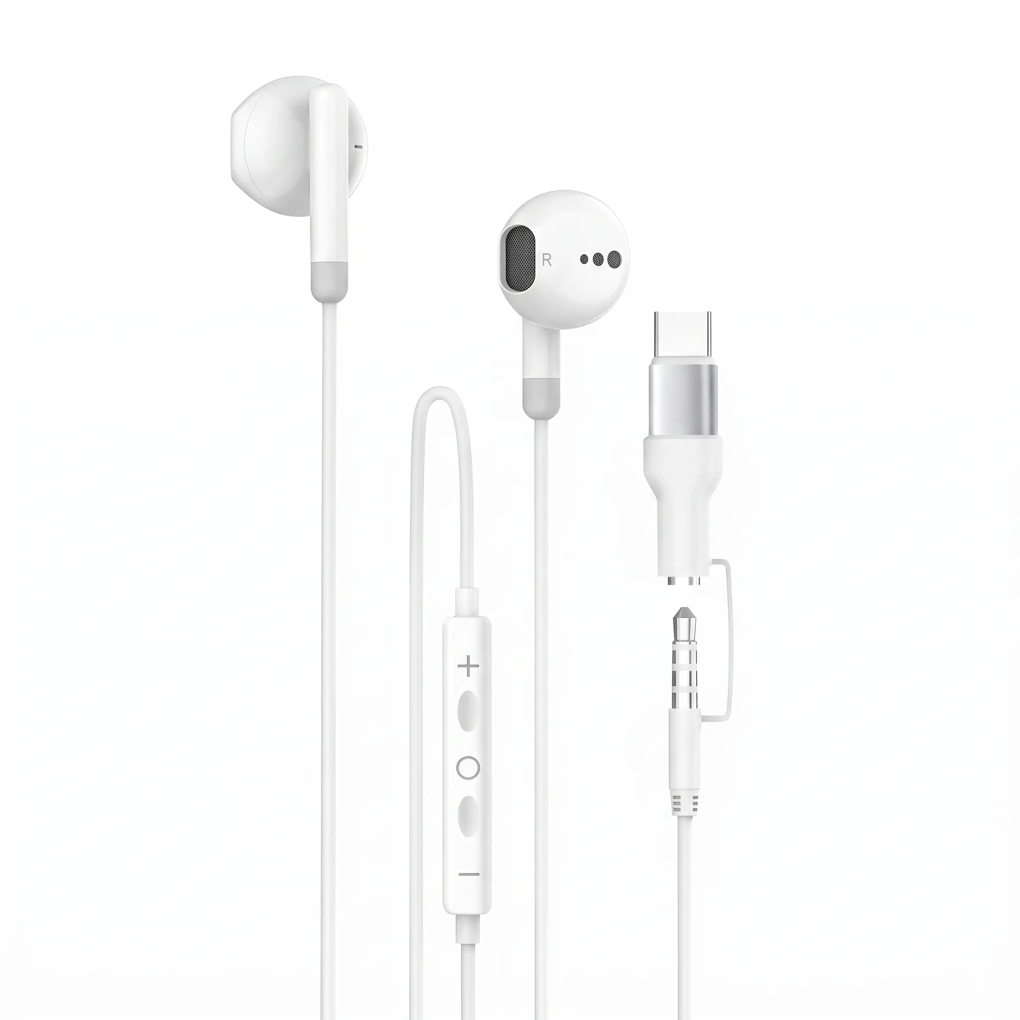 2-in-1 Wired Earphones with USB-C & 3.5mm Connections, Built-in Microphone, Volume Control, White Audio Device for Headphone Compatibility