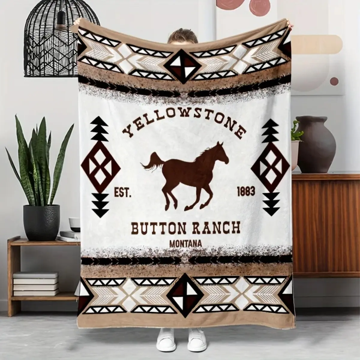 Vintage Southwestern Bohemian Throw Blanket | Yellowstone 1885 Button Ranch Montana Design | Geometric & Horse Motifs