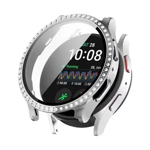 Bling Rhinestone PC Protective Case For Samsung Galaxy Watch 7 FE 40mm 44mm Tempered Glass Bumper Cover For Galaxy Watch 6/5/4 40mm 44mm Watch Case Accessories