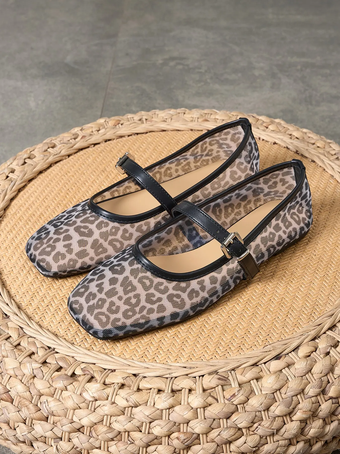Women's Large Size Rose Square Toe Retro Slip-On Mesh Leopard Print Shoes, Slip On Flats Summer Flat Outdoor Casual Comfortable Breathable Flats
