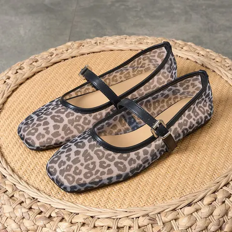 Women's Plus-Size Square-Toe Mary Jane Flats, Retro Mesh Leopard Print Shoes, Comfortable Breathable Summer Flat for Outdoor Casual Wear, Fashionable Flats