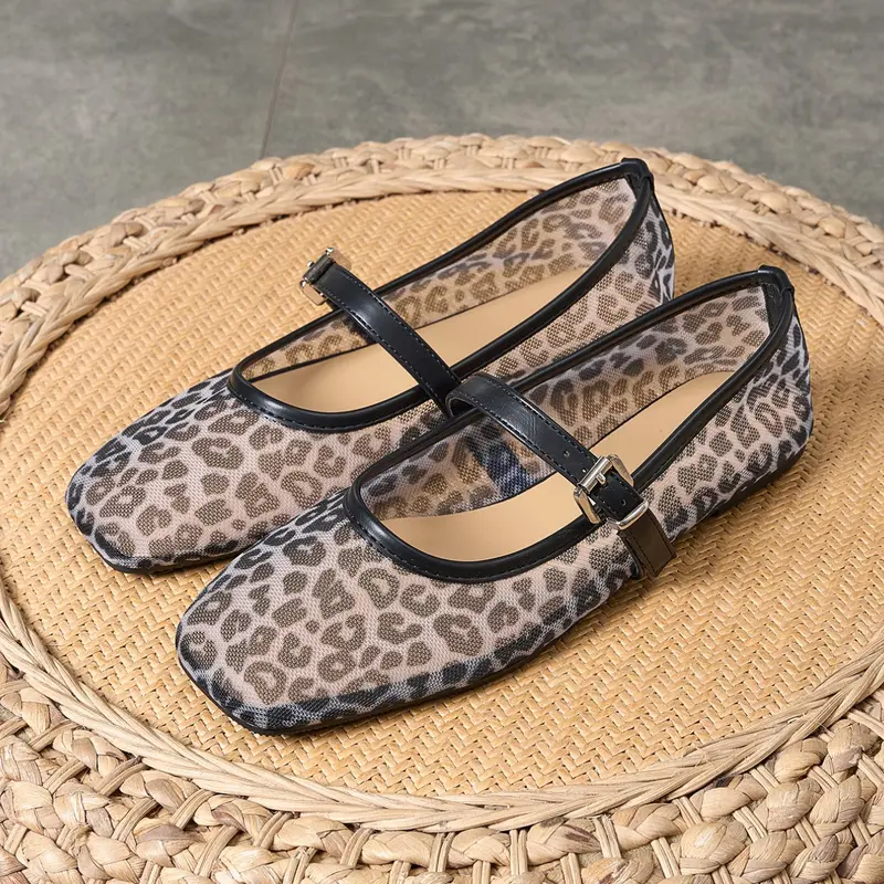 Women's Plus-Size Square-Toe Mary Jane Flats, Retro Mesh Leopard Print Shoes, Comfortable Breathable Summer Flat for Outdoor Casual Wear, Fashionable Flats