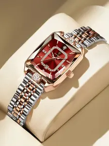 Women's Elegant Rectangle Dial Analog Quartz Watch, Exquisite Trendy Wristwatch, Fashionable Watch for Women As Gift with Box, Stainless Steel Watches