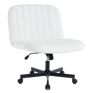 YunKiTech Height Adjustable Criss Cross Chair with Wheels, Wide Armless Home wfh Office Desk Chair,Swivel Adjustable Task Vanity Computer Chair(White）