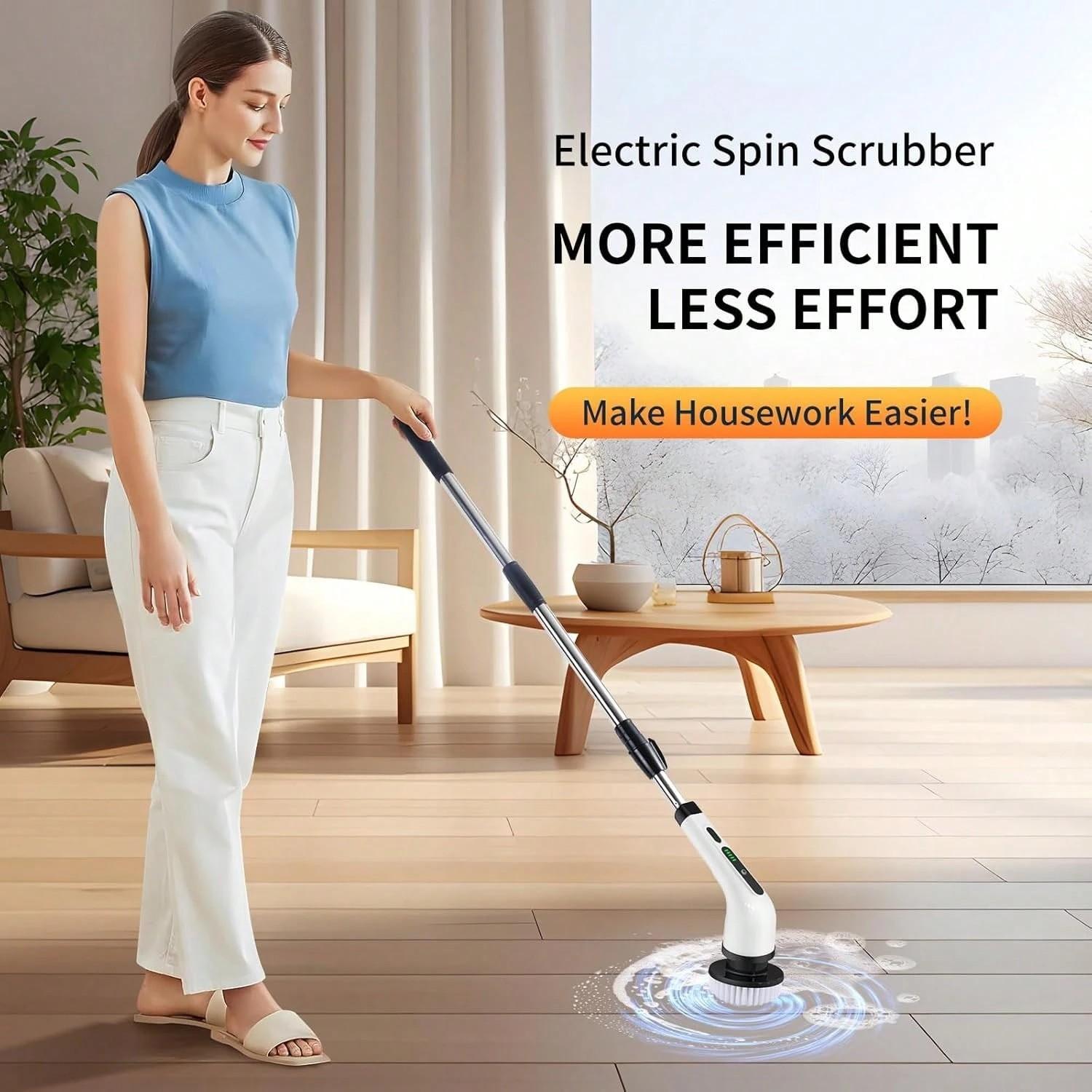 Electric Spin Scrubber,Cordless Shower Scrubber with IPX7 Waterproof,Electric Cleaning Brush,Multi-Surface Use,Long Battery Life,3 Extendable Handle,2 Adjustable Speed,8 Replaceable Brush Heads,Multi-Purpose Cleaning Kit for Bathroom/Kitchen/Car