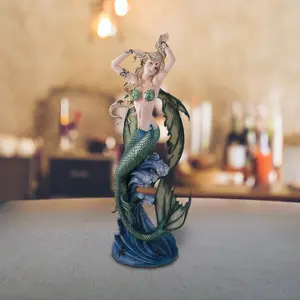 27"H Green Mermaid Fairy on Wave Statue Fantasy Decoration Figurine Large Sculpture
