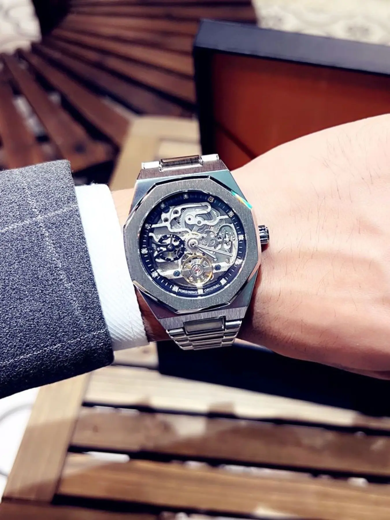 Classic Office Men's Watch, Silver Color Brushed Octagonal Case, Skeleton Mechanical Dial, Water-Resistant Steel Band, Fashion Analog Round Face