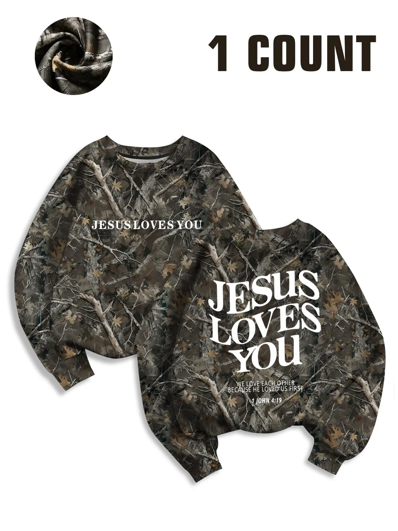 Women's Loose Fit Casual Pullover Sweater, Letter Print, Fashion Camo Branch Print, Comfortable Soft Spring & Fall Wear, Layered Choice, Camouflage, Long Sleeve