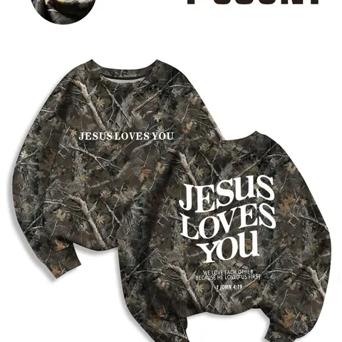 Women's Loose Fit Casual Aesthetic Graphic Pullover Sweater, Letter Print, Fashion Camo Branch Print, Comfortable Soft Spring & Fall Wear, Layered Choice, Camouflage, Long Sleeve