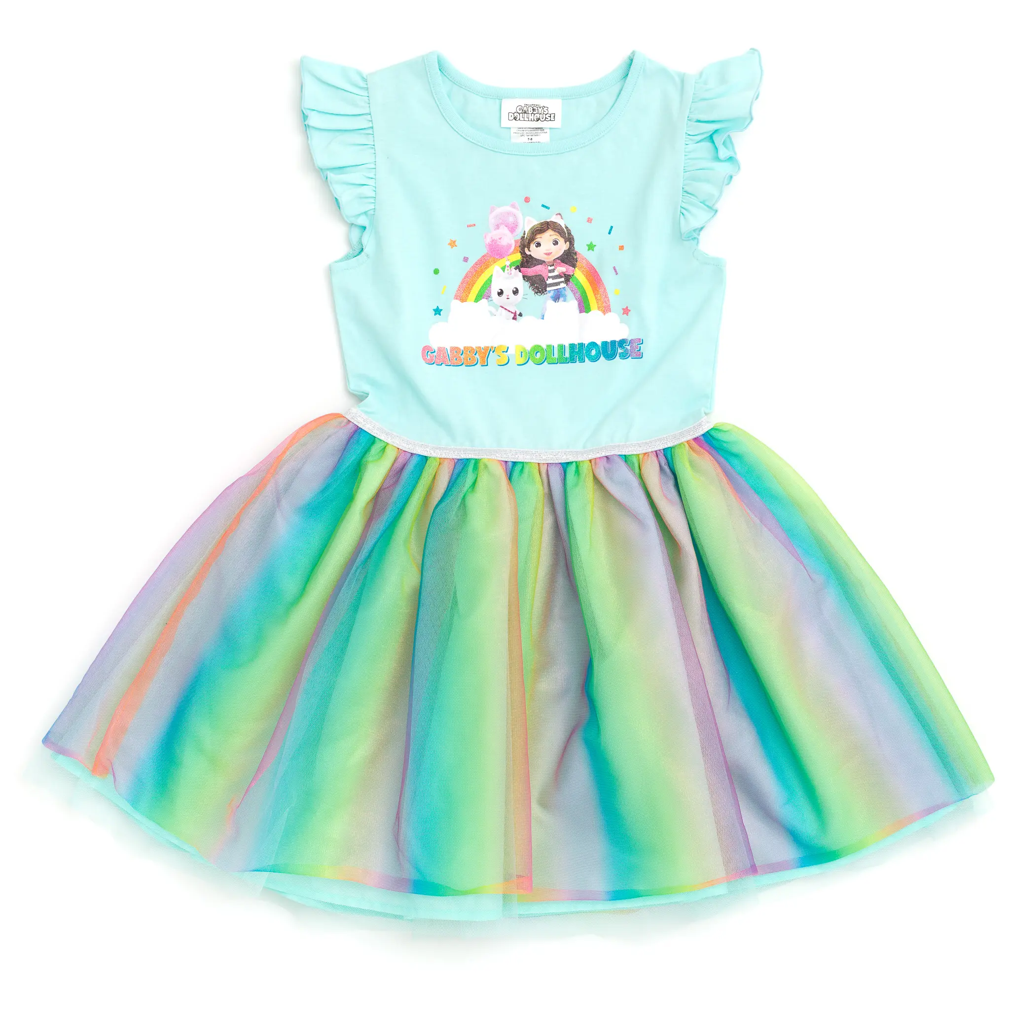 Dreamworks Gabby's Dollhouse Girls' Sleeveless Knit and Tulle Tutu Dress with Graphic and Ruffle Gabby Pandy Blue Toddler to Big Kid