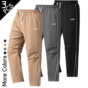3-Pack Men's Straight Leg Track Pants with Campus Embroidery, Casual Athletic Sweatpants with Side Stripes & Knee Pleats, 3 PCS Set