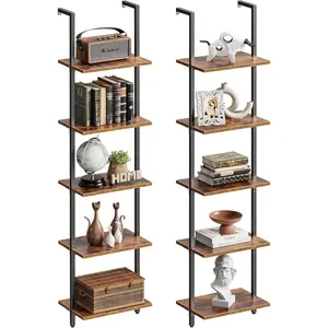5-Tier Bookshelf, Set of 2 Narrow Bookshelves, Open Wall Mounted Ladder Rack with Metal Frame, Display Bookcase for Home Office, Bedroom, Rustic Brown utility shelf