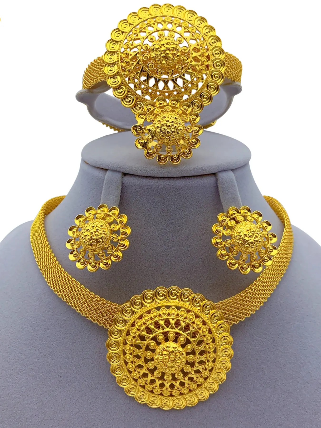 4-Piece Dubai Jewelry Set, Arabic Style Necklace Bracelet Ring Earrings, Elegant Daily Wear Party Accessory Gift Wedding Jewelry, Vintage Costume Jewelry Sets, Complete Accessories Set