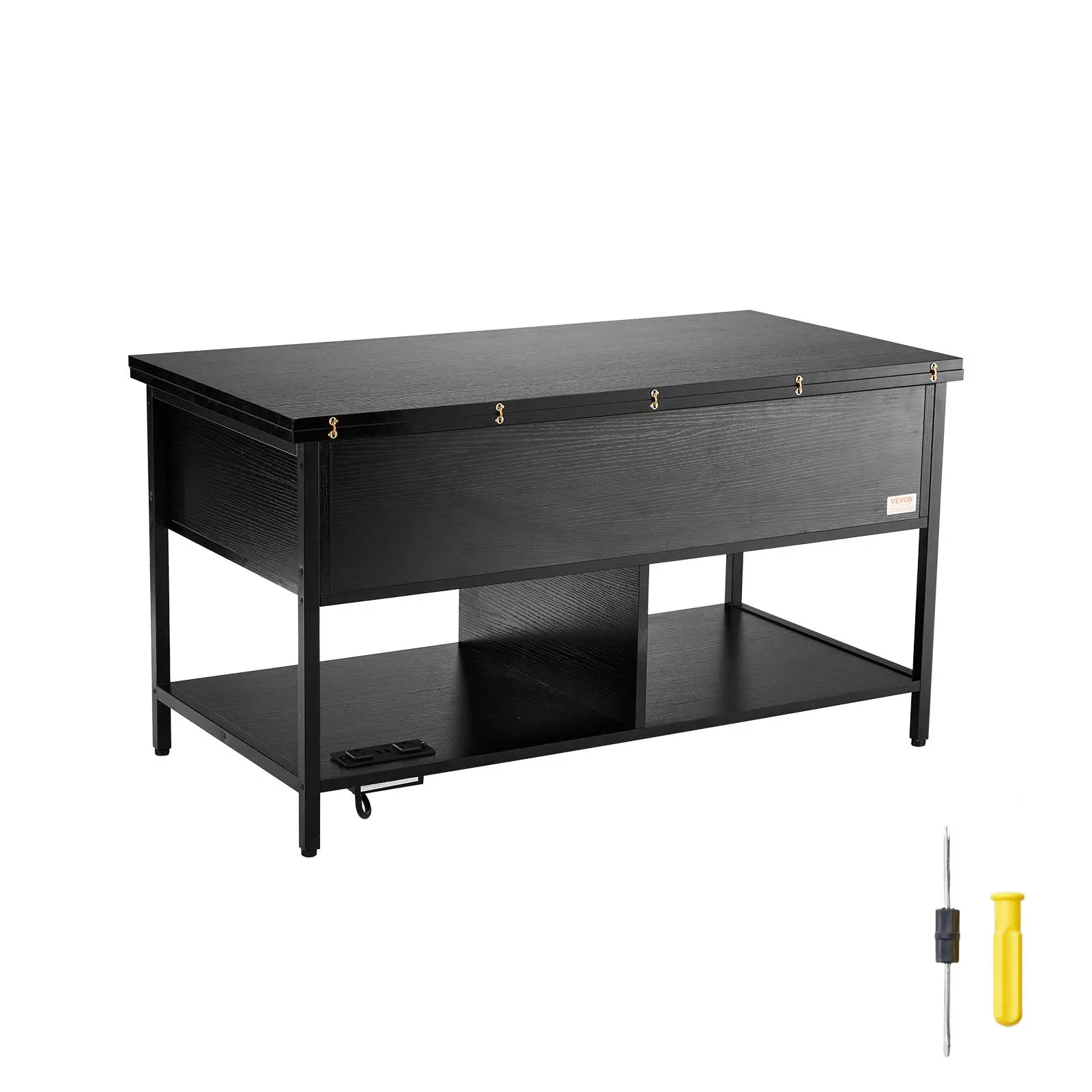 VEVOR Lift Top Rectangular Coffee Table (39.4 in) - Adjustable Height Extendable Design, Extra Storage Pockets, Charging Station with Power Strip & USB Ports, Ambient Lighting, Metal Frame, Particleboard, Assembly Required for Living Room, Black