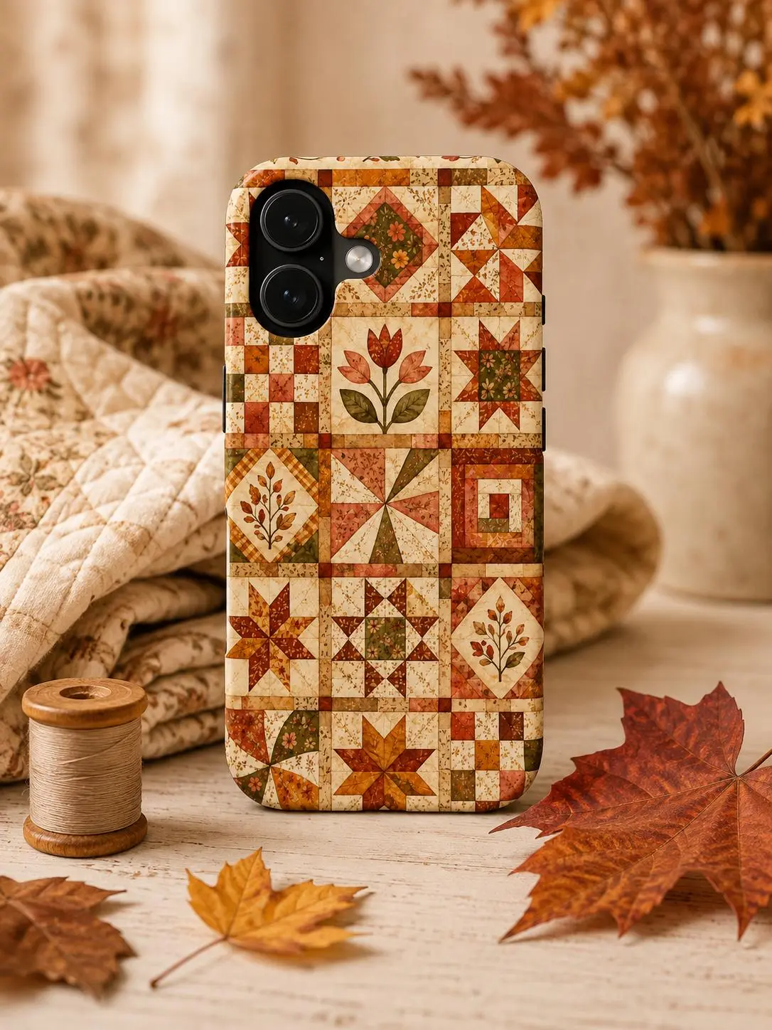 Fall Quilt Phone Case, Autumn Patchwork Iphone Case, Cottagecore Floral Case, Vintage Quilted Phone Cover, Cozy Fall Gift