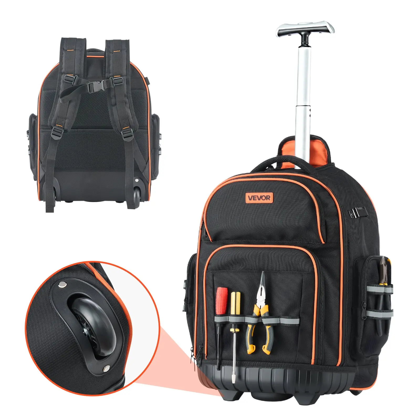 VEVOR Heavy-Duty Rolling Tool Organizer Backpack, 110 lbs Load Capacity, 45 Pockets, Wheels, Adjustable Telescoping Handle, Stable Base, Shoulder Straps, Easy to Clean, 17.3x9.84x18.89 in, 5.56 lbs for Mechanic, 110Lb
