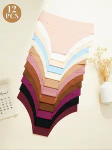 12Pcs Women's Seamless Knickers Breathable Comfort Underwear Undergarments Set, Multicolor Classic Fitted Casual Soft Panties, Sporty Style All-Season Wear