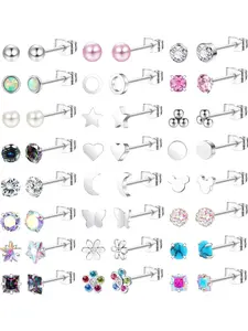 24 Pairs Flat Back Earrings for Women Girls - Surgical Steel Hypoallergenic Silver Stud Set With Flower, Heart, Butterfly, Turquoise, Pearl, Zirconia - Screw Back Small Studs