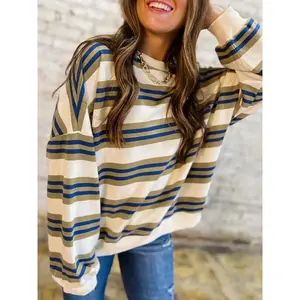 Round Neck Drop Shoulder Striped Long Sleeve Pullover Sweatshirt, Casual Fashion for Men & Women, Comfortable Daily Wear Apparel
