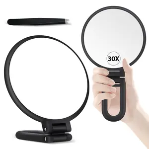 30X Magnifying Mirror Handheld with Handle Double Sided 30X/1X Magnification Travel Essential Portable Foldable Makeup Mirror for Precision Makeup Black Includes Precision Tweezers