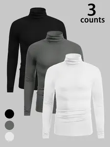 Men's Casual High Neck Thermal Top Set, Classic Colors, Fitted Home Wear, Fall & Winter Clothing, 3 Piece, Thermal Menswear