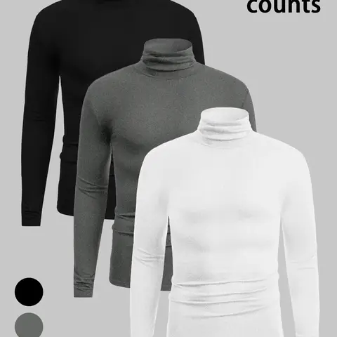 Men's Casual High Neck Thermal Top Set, Classic Colors, Fitted Home Wear, Autumn Fall & Winter Clothing, 3 Piece, Plain, Thermal Menswear, Knitted Turtleneck
