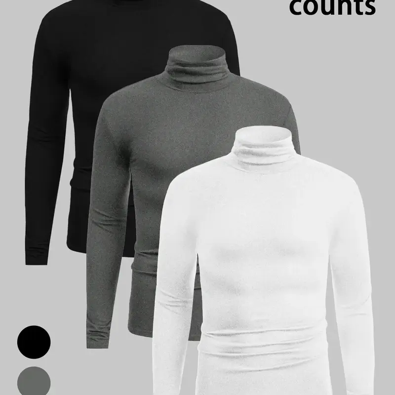 Men's Casual High Neck Thermal Top Set, Classic Colors, Fitted Home Wear, Autumn Fall & Winter Clothing, 3 Piece, Plain, Thermal Menswear, Knitted Turtleneck