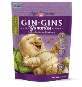 GIN GINS Sweet Ginger Gummies – 100% Natural Candy by The Ginger People – Individually Wrapped Healthy Treats - Made with the Fresh Rhizome – Sweet Gummy Flavor – 3oz Bag – Pack of 1
