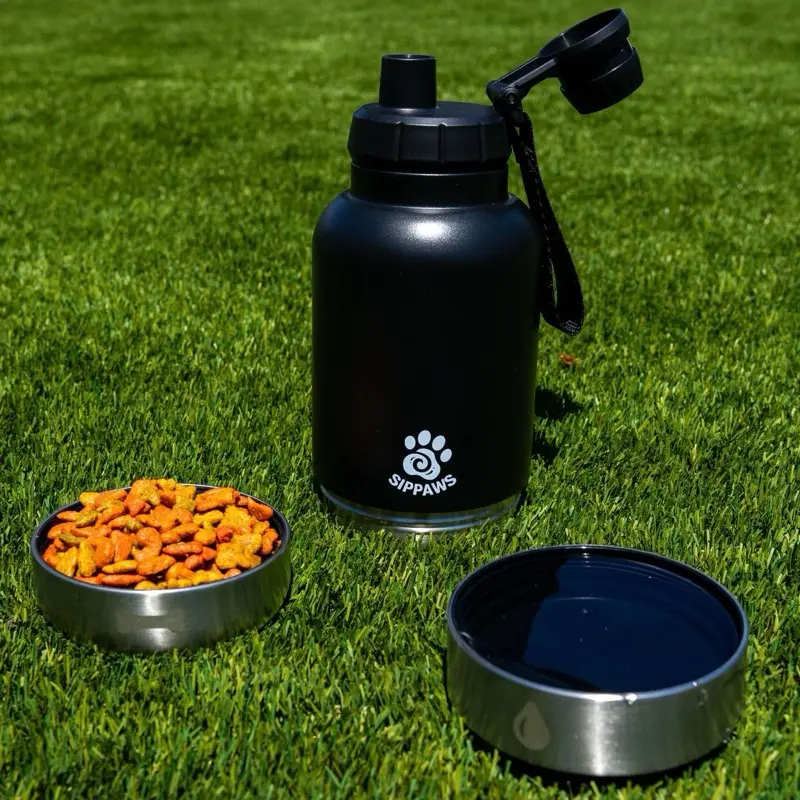 SIPPAWS Trail-Ready Dual-Bowl Dog Bottle Satin Black 32oz Portable Water & Food Container for Outdoor Adventures