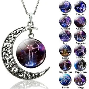New Starry Sky Animal Twelve Constellation Moon Time Gem Pendant Necklace Simple Trending Charm Jewelry For Lovers