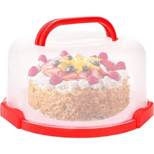 Cake Carrier with Collapsible Handle - Plastic Red Cake Container and Holder with Lid - Portable Round Cake Cover for 10 inch Cake, Pies, Cookies, Nuts, Muffins and Fruit