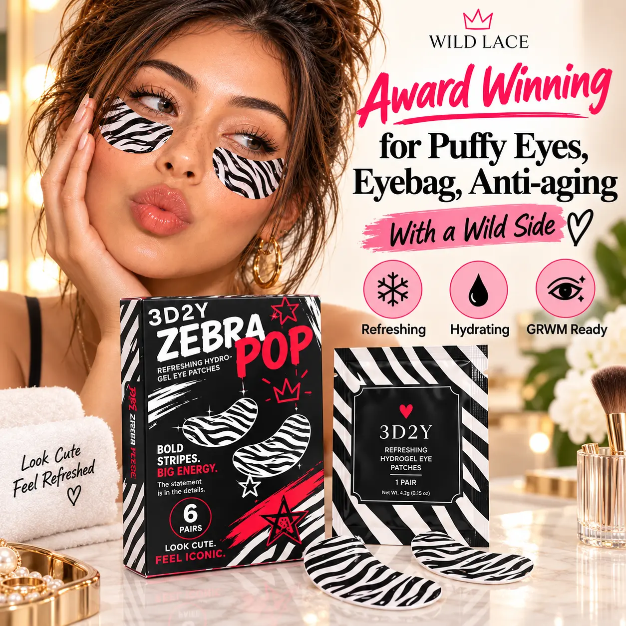 3D2Y  Award Winning Eye Patches for Puffy S Zebra Print Eye Patches,  | Hydrogel Eye Patches with PDRN, Collagen, NAD | Refreshing for Puffy, Tired Eyes | Firming for Look of Wrinkles, Fine Lines | Korean Skincare Soft-Matte Face Accessories  ,6 Pairs
