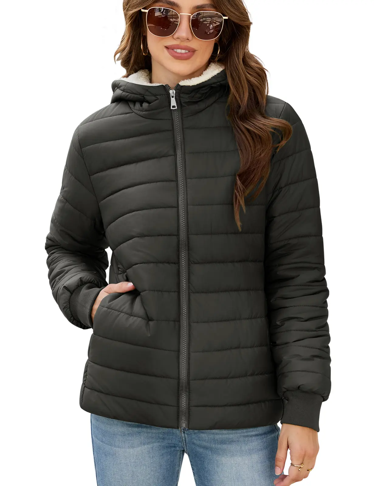 FASHORA Women's Quilted Hooded Jacket, Lightweight Puffer Coat with Soft Fleece-Lined Hood, Full-Zip Closure and Ribbed Cuffs, Casual Fall and Winter Outerwear