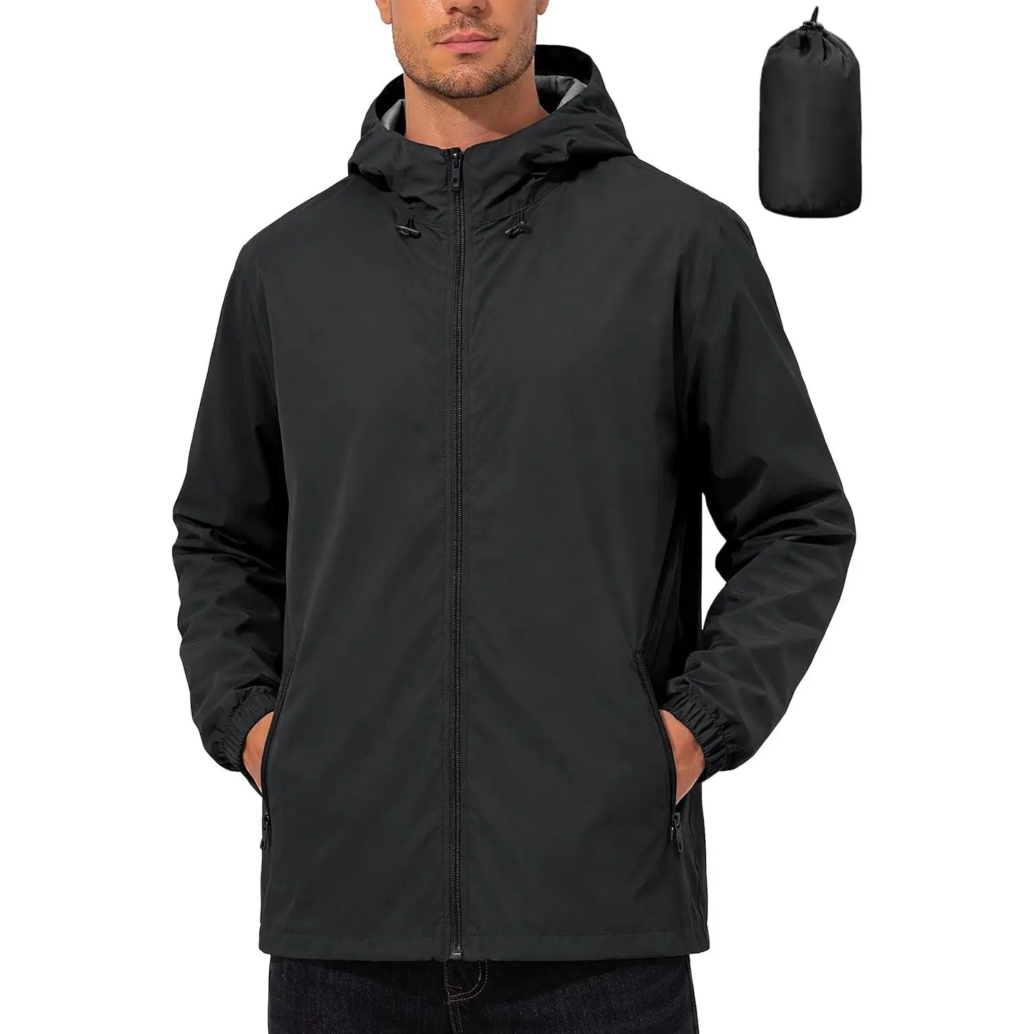 Men's Packable Outdoor Raincoat, Lightweight Waterproof Polyester Jacket with an Adjustable Hood and Zipper Pockets - 4XL