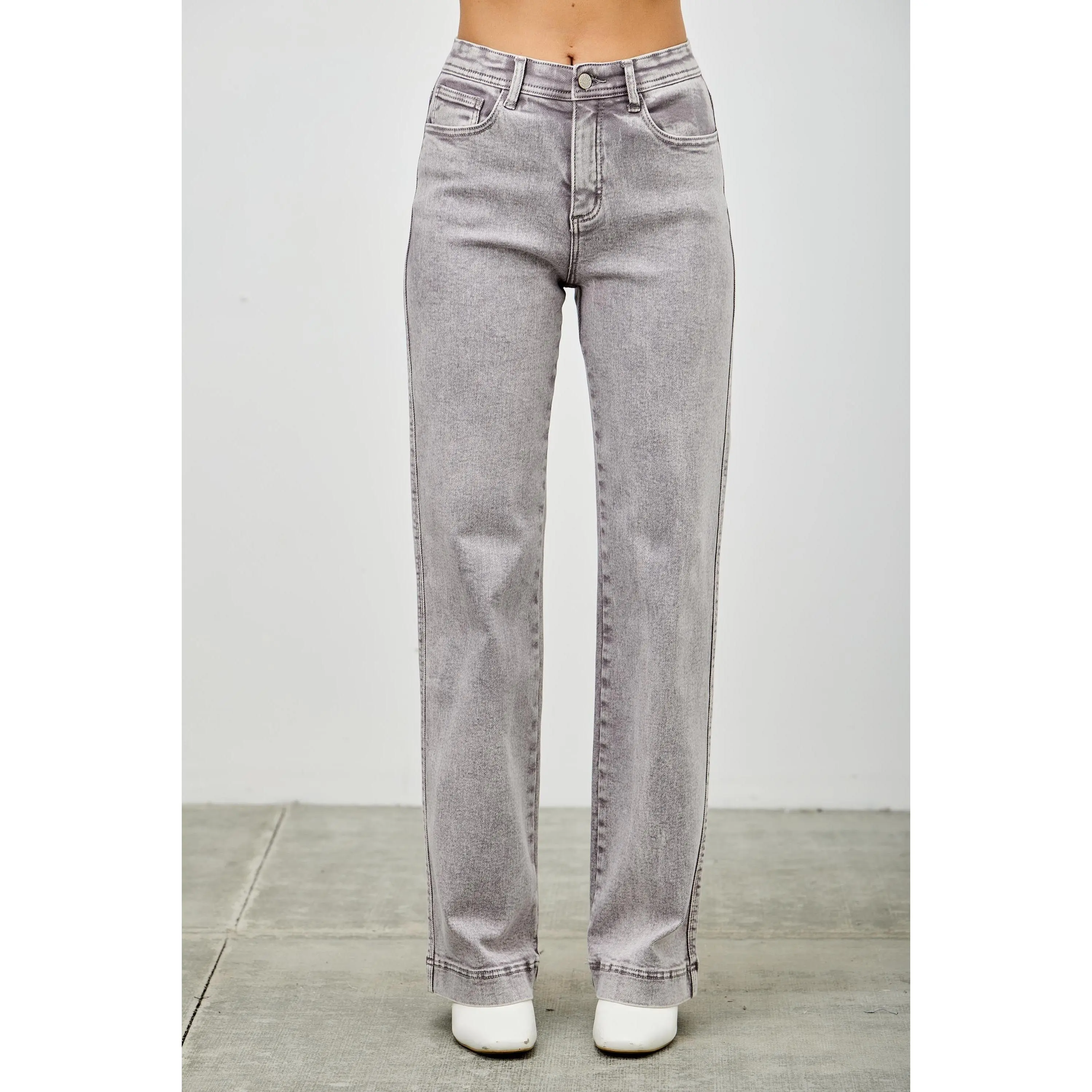 Saige - High Rise Slim Wide Straight in Silver Grey