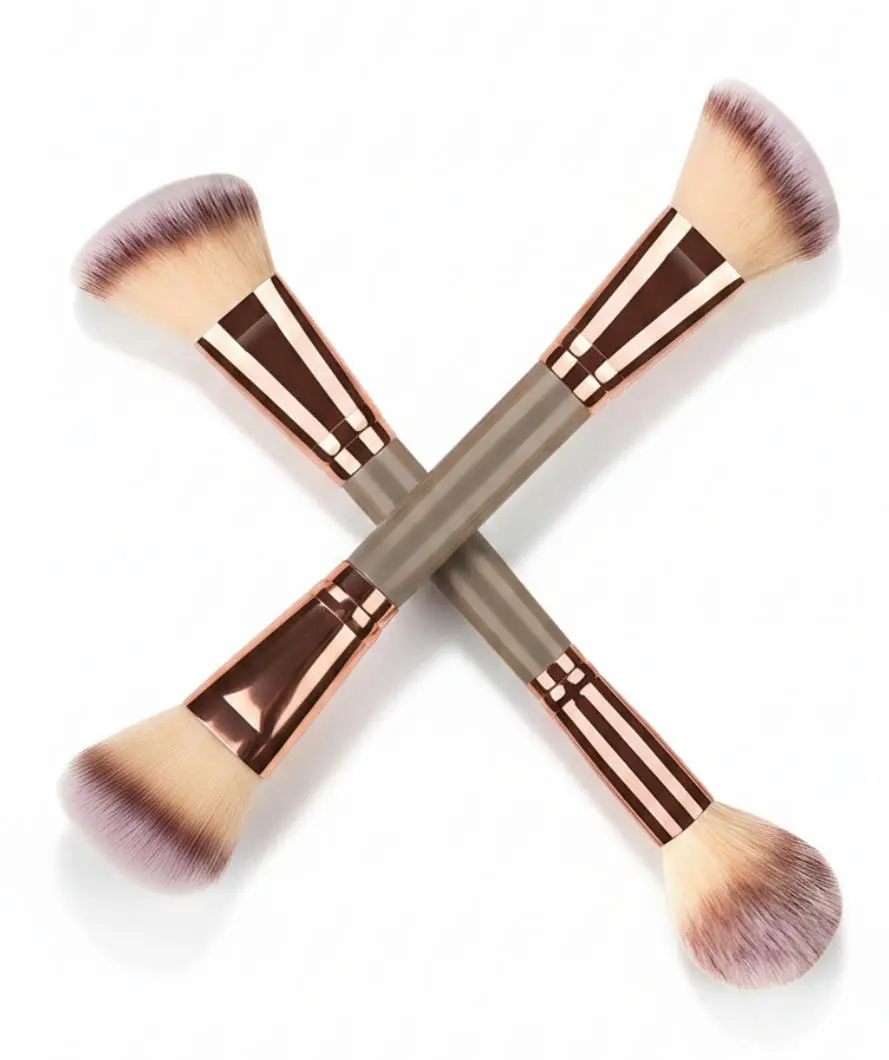 2 Pack 2-in-1 Dual Ended Makeup Brush, Angled Contour & Round Fluffy Foundation Brush, Soft Synthetic Bristles for Blending Liquid Powder Cream Concealer Blush, Champagne Gold Travel Face Brush