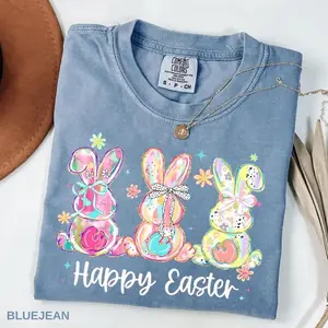 Happy Easter Bunny Comfort Colors T-Shirt, Cute Coquette Rabbit Graphic Tee, Pastel Spring Holiday Shirt, Easter Outfit Gift for Women Kids