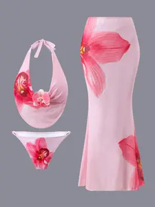 New Sexy Floral Print Three-Piece Swimsuit for Women, Tie-Back Design with Chest Flower Accent, Split-Type Swimwear, Floral Bikini