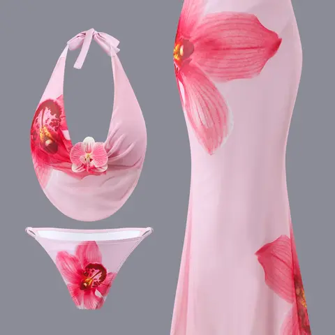 New Sexy Floral Print Three-Piece Swimsuit for Women, Tie-Back Design with Chest Flower Accent, Split-Type Swimwear, Floral Bikini, Tie Back Bikinis, Floral Print Swimsuits