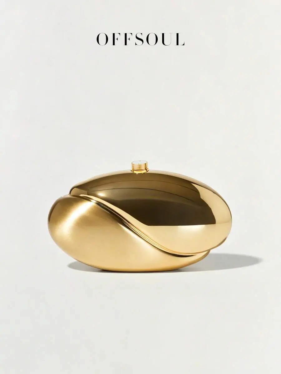 Wavy Metallic Oval Clutch Bag for Women, Asymmetrical Chain Evening Handbag for Wedding, Party, Banquet