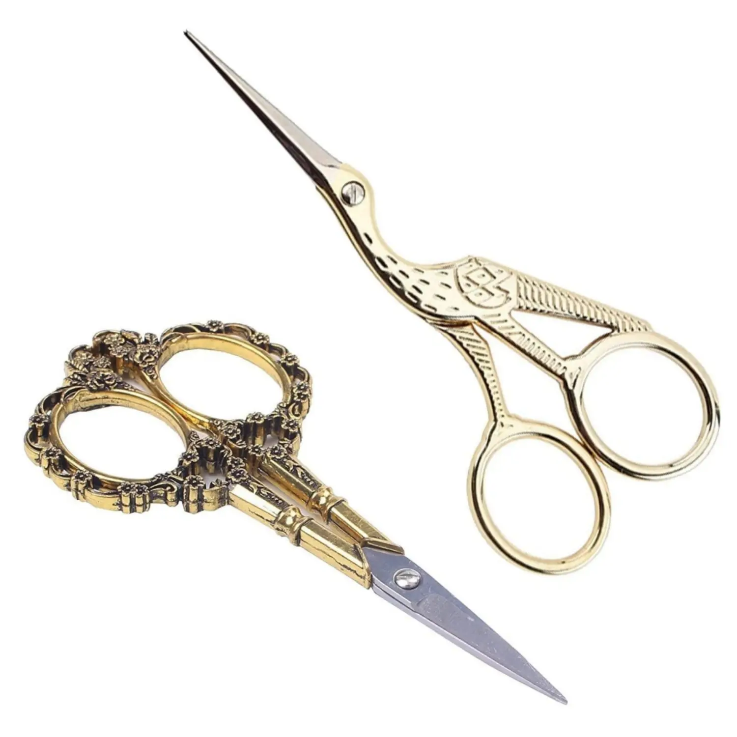 2Pcs 4.5in High-Quality Gold Vintage Plum Blossom & Crane Design Alloy Stainless Steel Pointed Edge Sewing Scissors - Sewing Tools, Vintage Craft Look Supplies for DIY Projects, Adults (Home Improvement)