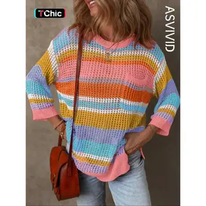 Women's Casual Color-Blocked Hollow Crochet T-Shirt with Chest Pocket and Three-Quarter Sleeves