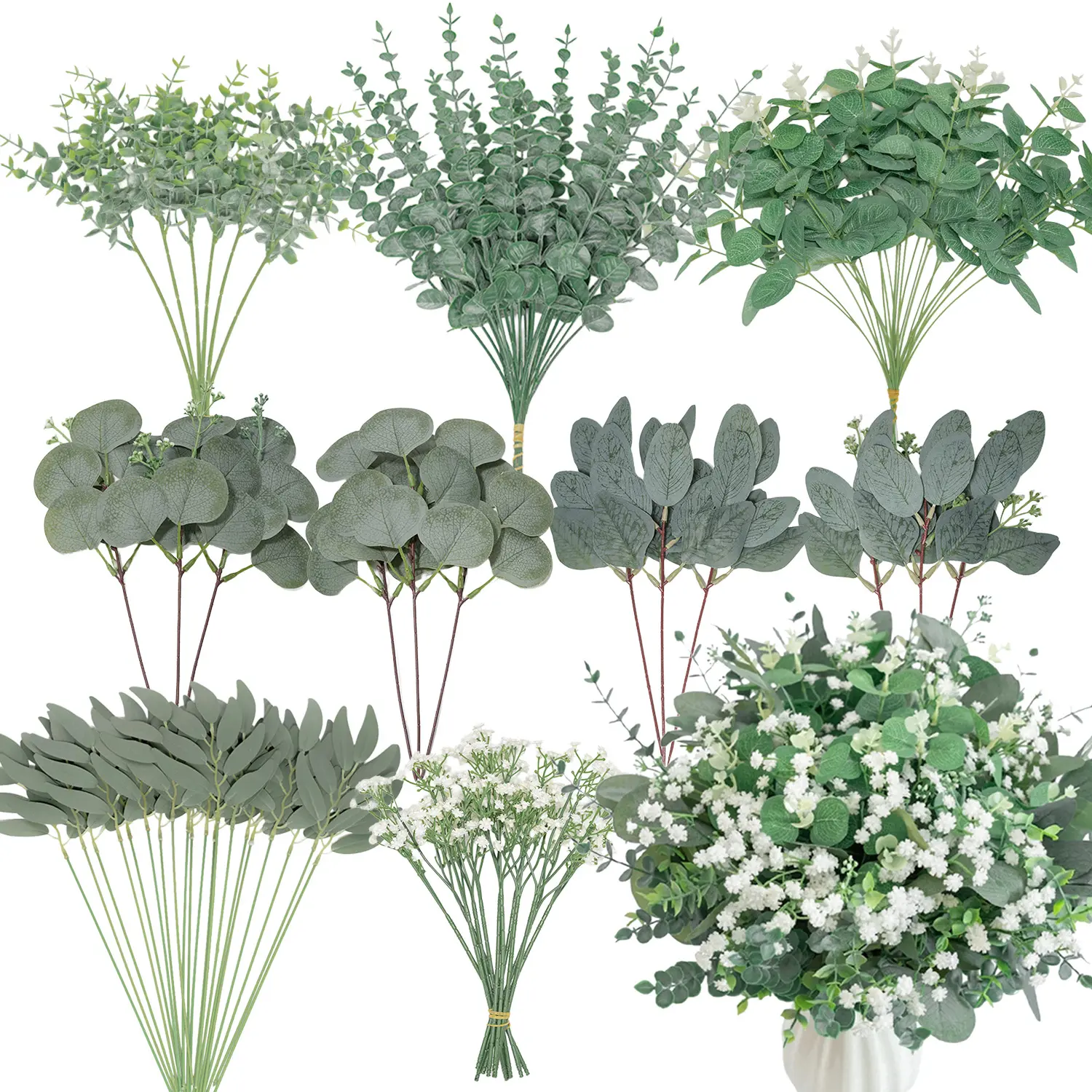 GOLVIG 100-Piece Flexible Silk Artificial Mixed Greenery Stems - 9 Kinds of Decorative Eucalyptus & Silver Dollar Leaf Stems with Baby Breath, Lightweight Natural-Look Floral Picks for Wedding Centerpieces, Vase Arrangements, DIY Bouquets