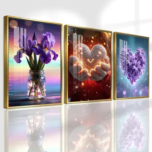 3 Counts Aluminum Alloy Framed Painting, Purple Irises And Glowing Heart Flower Art Pictures, Home Decoration For Living Room, Bedroom, Office, Restaurant, Hallway Wall Decor, Odorless Print Artwork, Luxury Perfect Gift For Friends And Family