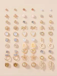 30 Pairs Fashion Elegant Rhinestone/ Bow / Flower/ Leaf/ Rose Design Stud Earrings, Casual Jewelry for Women, Daily Use, Fashion Accessories for Party, Club