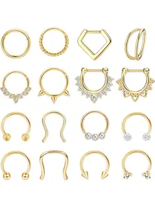 Hypoallergenic Septum Rings 16G 8mm Steel Clicker Nose Rings Hoops Set Small Lip Cartilage Helix Daith Piercing Jewelry for Women Men 16 Pcs Gold Plated Silver Black