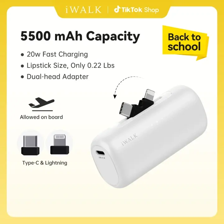 iWALK Compact Portable Power Bank, 5500mAh Lipstick-Sized Mini Lithium Charger, 20W Adaptive Fast Charging, 2-in-1 USB-C&Lightning Connector, 2-Port Double Charge, 9 Safety Layers for iPhones & Mobile Devices, Mobile Phone Accessories,back to school