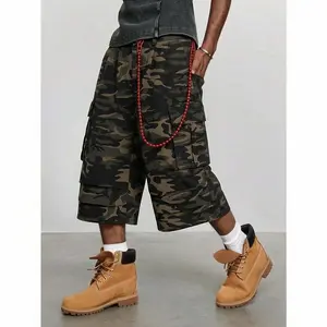 Men's Camouflage Distressed 3/4 Baggy Shorts Jorts Summer Streetwear Outfits, Vintage Military Cargo Capri Pants with Multi-Pockets, Loose Fit Tactical Hiking Shorts, Urban Fashion Cropped Trousers for Men, Casual Wear with Ripped Detail, Durable Cotton B